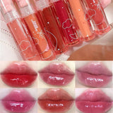 Cute Pink Bear Water Light Lip Gloss Lasting Crystal GlossyLip Glaze Mirror Nude Liquid Lipstick Women Lips Makeup Cosmetics