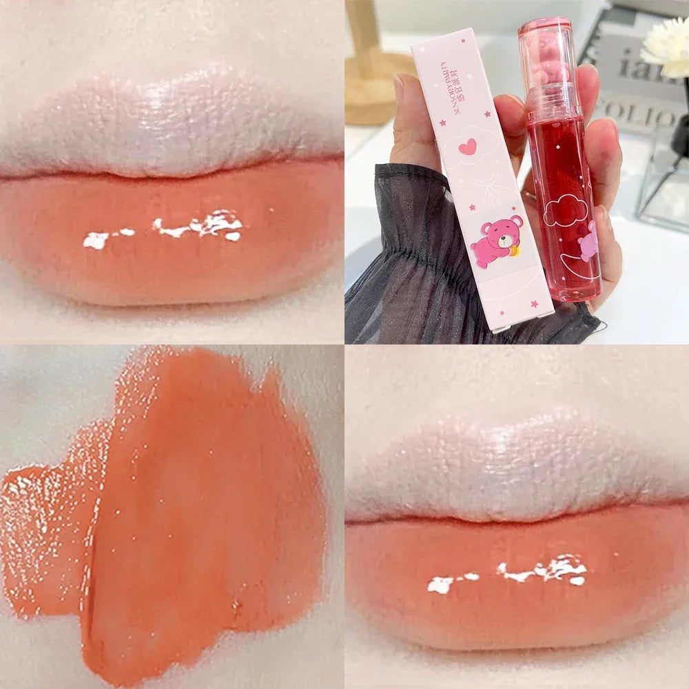 Cute Pink Bear Water Light Lip Gloss Lasting Crystal GlossyLip Glaze Mirror Nude Liquid Lipstick Women Lips Makeup Cosmetics