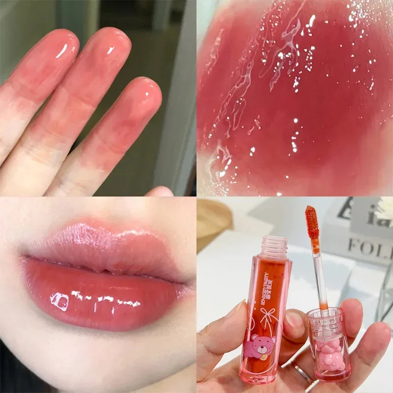Cute Pink Bear Water Light Lip Gloss Lasting Crystal GlossyLip Glaze Mirror Nude Liquid Lipstick Women Lips Makeup Cosmetics