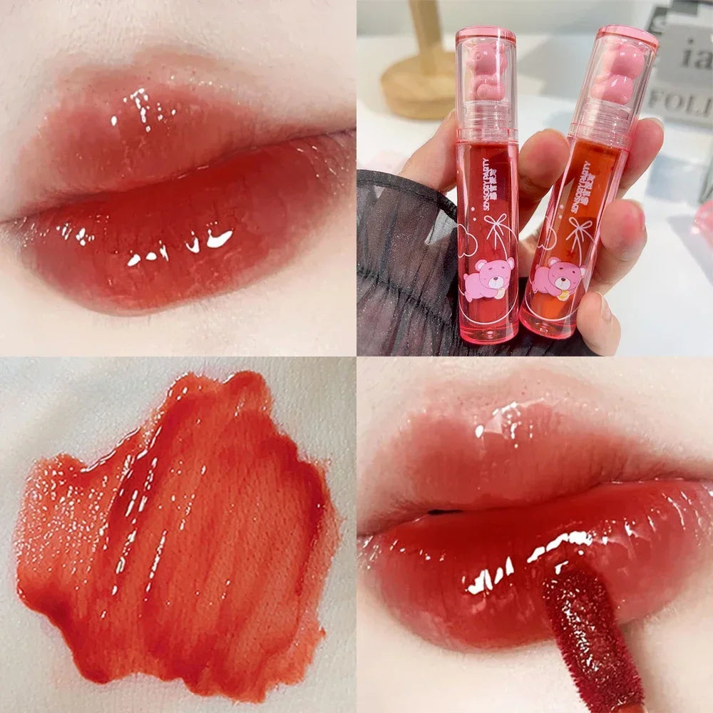 Cute Pink Bear Water Light Lip Gloss Lasting Crystal GlossyLip Glaze Mirror Nude Liquid Lipstick Women Lips Makeup Cosmetics