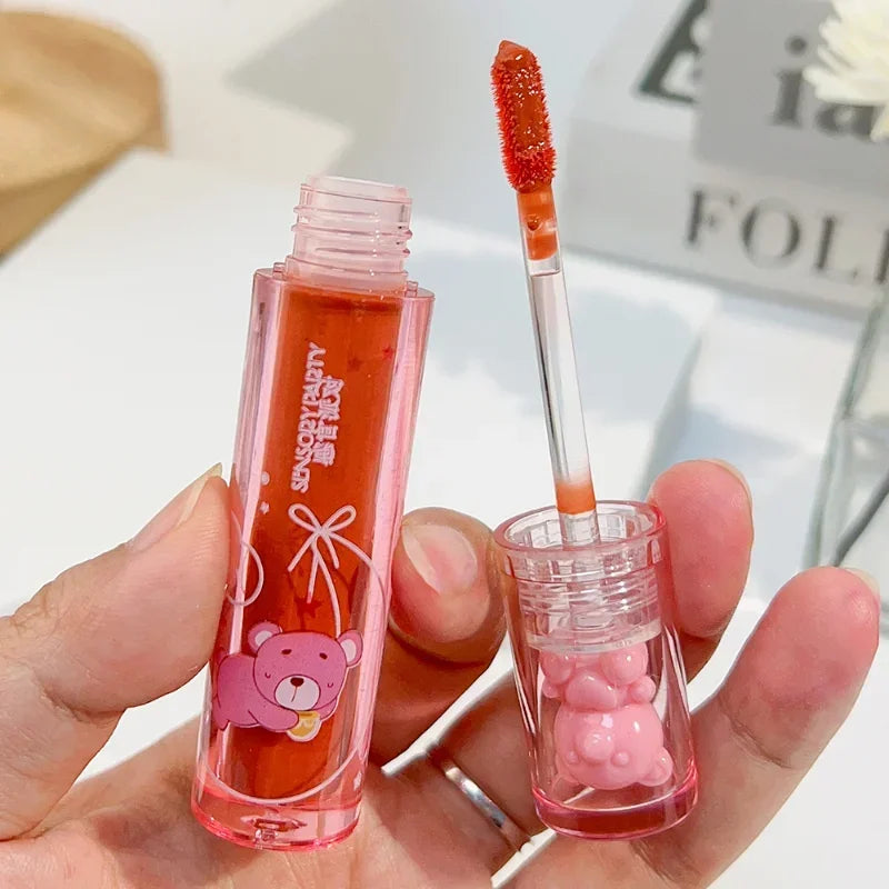 Cute Pink Bear Water Light Lip Gloss Lasting Crystal GlossyLip Glaze Mirror Nude Liquid Lipstick Women Lips Makeup Cosmetics