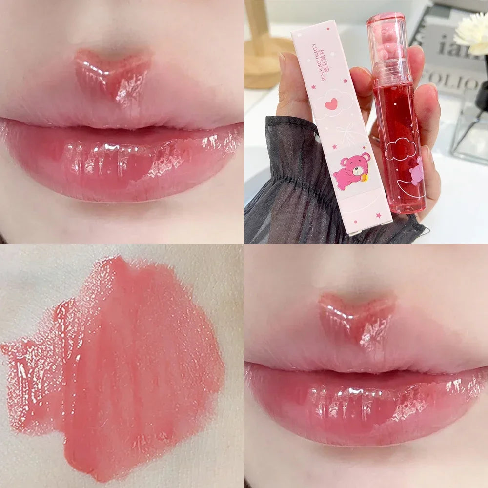 Cute Pink Bear Water Light Lip Gloss Lasting Crystal GlossyLip Glaze Mirror Nude Liquid Lipstick Women Lips Makeup Cosmetics