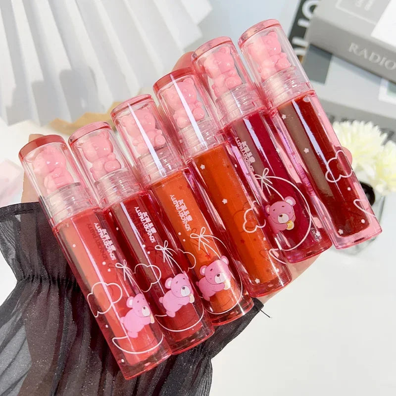 Cute Pink Bear Water Light Lip Gloss Lasting Crystal GlossyLip Glaze Mirror Nude Liquid Lipstick Women Lips Makeup Cosmetics